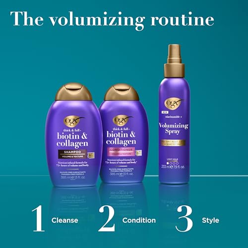 Image of OGX Thick & Full + Biotin & Collagen Extra Strength Volumizing Shampoo with Vitamin B7 & Hydrolyzed Wheat Protein for Fine Hair. Sulfate-Free Surfactants for Thicker, Fuller Hair, 13 fl oz