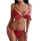 TWBQND Sexy Lingerie Sets for Women PU Leather Tassels Chest Belt Chain with Rivet Adjustable Punk Gothic Bikini Bra Skirts (Red)