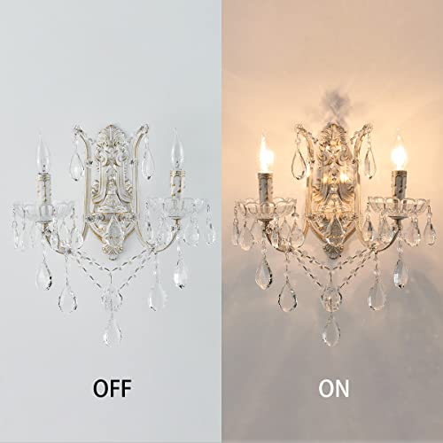 Image of YLONG-ZS French Country Crystal Wall Sconce, 2-Light Distressed White Gold Candle Style with Teardrop Crystals, Hardwired Indoor Decor for Bedroom Bathroom Vanity, E12 Base