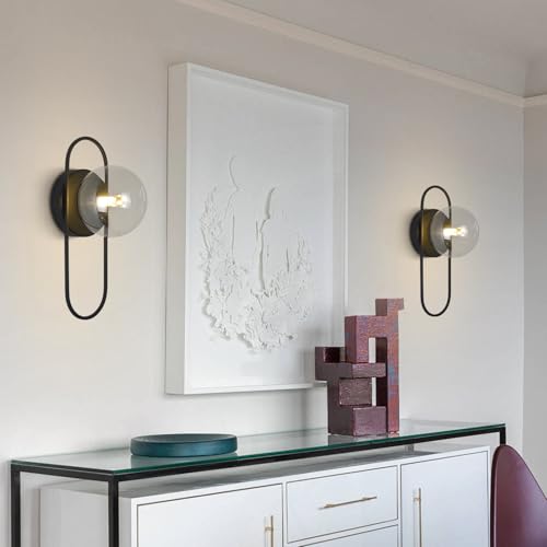 Image of Mid Century Globe Wall Sconce Modern Indoor Sconces Wall Lighting Black Bathroom Sconces Set of 2 Bubble Glass Vanity Light Vintage Bedroom Wall Sconces (2 Pack)
