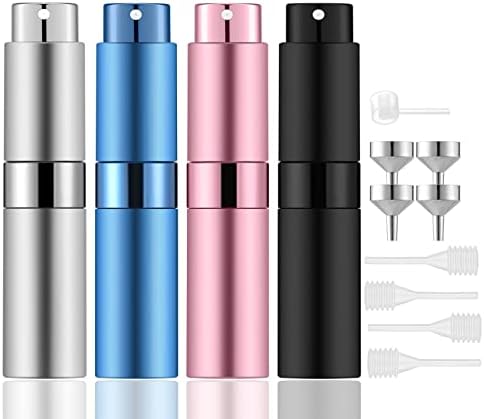 Lil Ray 8ml Portable Mini Perfume Atomizer(4 PCS)，Refillable Empty Small Spray Bottle for Travel, Twist Tpye Pocket Cologne Sprayer (Matte Black, Pink, Blue, Silver)