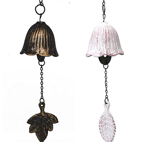 Oavand Set of 2, Japanese Traditional Lucky Small Wind Chimes for Outside, Iwachu Cast Iron Bless Temple Wind Bell Outdoor for Good Luck Garden, Patio, Balcony(Vintage and White Leaf
