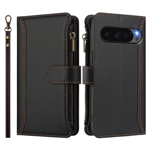 Étui portefeuille Google Pixel 9 noir fermeture éclair antichoc et fentes cartes