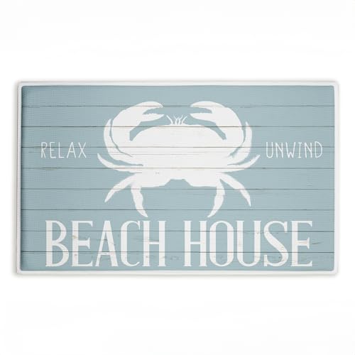 Stupell Industries Beach House Entry Crab Plush Bathroom Mat & Bath Rug, Soft Quick-Dry Non-Slip Bathroom Rug with Recycled Foam Cushion, Coastal Beach House Nautical Design by Kim Allen, 18"x30"