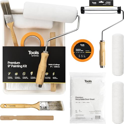 Painting Kit 9 | Paint Roller Set Includes 9 Inch Roller Frame, 2 Mid Pile Roller Sleeves, 1.5 Cutting in Brush, 12 ft Dust Sheet, Paint Stirrer, Roller Tray & Painters Tape for Decorating - Hemway