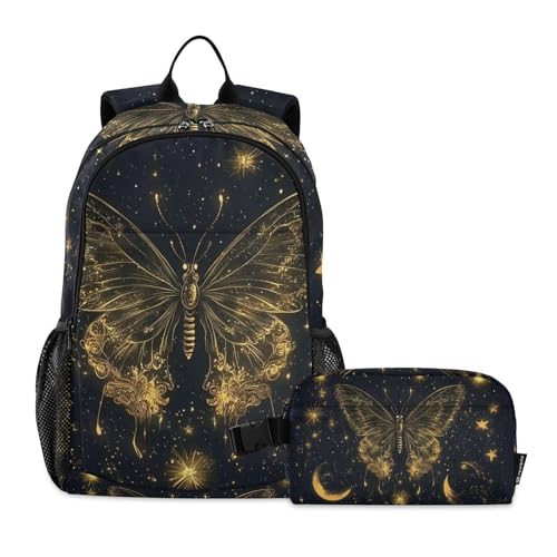Backpack Butterfly Moon Star Gold for School Boys Girls and Teens, Backpack for Men and Women, Lightweight Bookbag with Lunch Box Travel Laptop Daypack 18.5 x 11.8 In