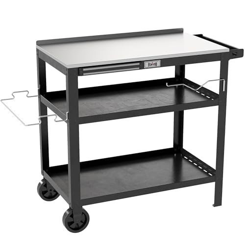 Feasto 31.5"x18" Outdoor Stainless Steel Grill Table, Movable Grill Prep Table Table with Seasoning Rack & Magnetic Tools Holder, Backyard BBQ Kitchen Food Prep Table for Portable Griddle & Pizza Oven