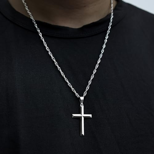 925 Sterling Silver Cross Necklace Beveled Edge for Men Women 3mm Stainless Steel Durable Wheat Chain Crucifix Pendant Necklace Jewelry 16-28 Inches2