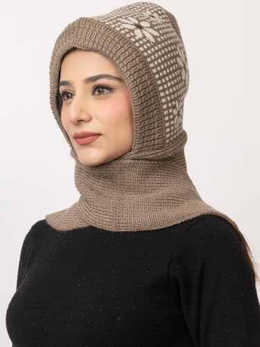 Image of AMOLDO Women's Winter Woolen Soft Warm Knitted Designer Muffler Beanie Cap with Fur | Fleece Printed Woolen Hat with Attached Scarf for Cold Weather