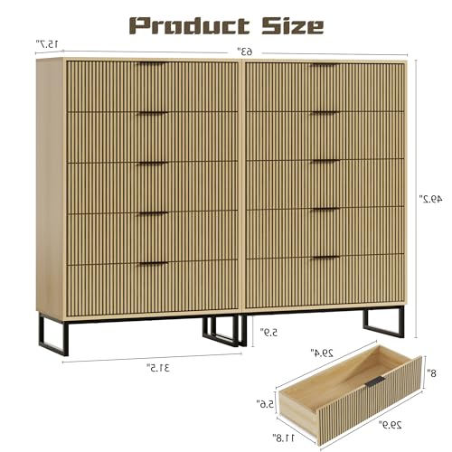Image of Tall 5 Drawers Dresser Set of 2 for Bedroom, Natural Wood Dresser with Metal Handle, 49.2'' Chest of Drawers Modern Drawer Organizer with Large Drawers for Living Room, Cloest, Hallway