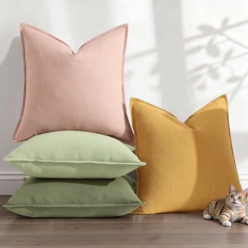Image of decorUhome Fall Decorative Linen Throw Pillow Covers 16x16 Inch Set of 2 Mustard Yellow Pillow Covers with Flange Edges Soft Farmhouse Boho Accent Pillow Cases for Couch Bed Living Room