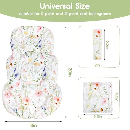 Image of Infant Car Seat Insert, Car Seat Head Support Baby Girls Boys, Soft & Reversible Newborn Carseat Insert Cushion with 2 Strap Covers, for Stroller, Swing, Bouncer (White Wildflowers)