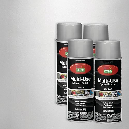 Color Care Spray Paint – 4 pack of 12 oz. cans, Oil Enamel, Rust Resistant, Quick Drying, No Drip Formula for Wood, Metal, Plastic, Masonry, Indoor & Outdoor Use (Aluminum)