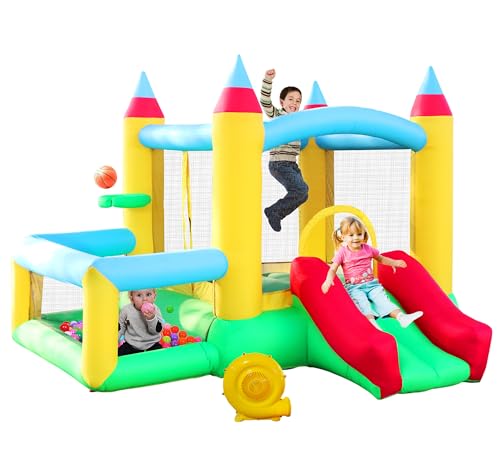 WELLFUNTIME Inflatable Bounce House with Slide, 107x106x80 Inch, Jumping Castle with Blower and Ball Pool, Basketball Game