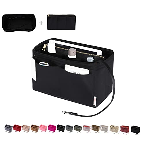 ZTUJO Purse Organizer Insert, Felt Bag Organizer with Metal Zipper, Handbag & Tote Shaper, For Speedy Neverfull Tote, 7 Sizes(Slender Medium,Ebony)