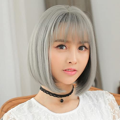 GNIMEGIL Short Grey Bob Wigs for Women Wig with Bangs Synthetic Wigs for Christmas Costume Cosplay Daily Party