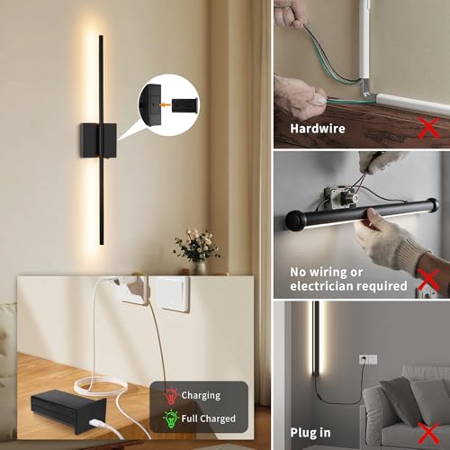 Image of Battery Operated Wall Sconce Set of Two with Remote Control, Rechargeable & Dimmable Wireless, Easy Install Peel and Stick, Timer Function, for Living Room, Bedroom, 28.3 inch (Black)