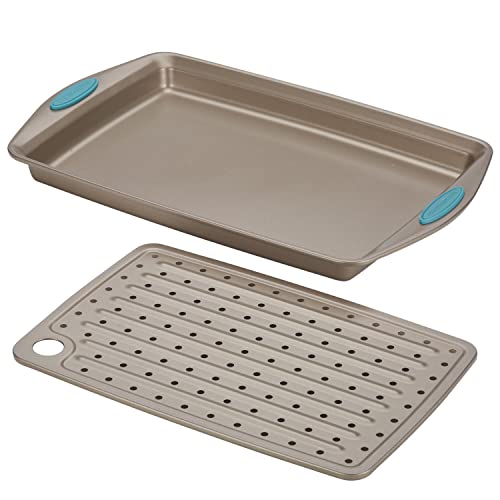 Rachael-Ray-Cucina-Nonstick-Bakeware-Set-with-Grips-Nonstick-Cookie-Sheet-Baking-Sheet-and-Crisper-Pan-2-Piece-Latte-Brown-with-Agave-Blue-Handle-Grips Rachael Ray Cucina Nonstick Bakeware Set with Grips Nonstick Cookie Sheet Baking Sheet and Crisper Pan 2 Piece Latte Brown with Agave Blue Handle Grips
