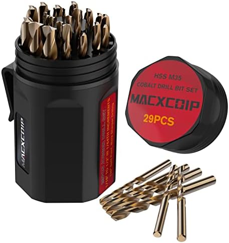 MACXCOIP M35 Cobalt Drill Bit Set 29pcs, High Speed Steel Drill Bit Set for Hardened Metal, Stainless Steel, Cast Iron and Wood Plastic with Indexed Round Case, 1/16"-1/2"