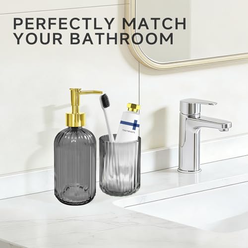 Seeatoo 2 PCS Grey Glass Bathroom Accessory Sets, Grey Bathroom Set, Soap Dispenser and Toothbrush Holder Set for Modern Bathroom Decor - Thumbnail 5