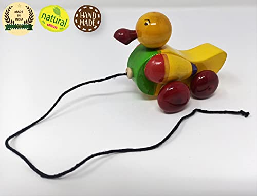 Image of A&A Kreative Box Wooden Pull Along Toy Encourage Walking, Build Gross Motor Skills and Hand-Eye Coordination Handcrafted by Indian Artisans for Kids Toddlers (Dukloo Duck)