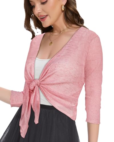 Image of Women Crop Cardigan Sheer Mesh Bolero Shrug for Dress Tie Front 3 /4 Sleeve Tops