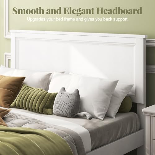 Image of GIANTEX Wood Queen Platform Bed Frame with Headboard, Mid Century Bed Frame with Solid Wood Legs & Wooden Slat Support, No Box Spring Needed, White Bed