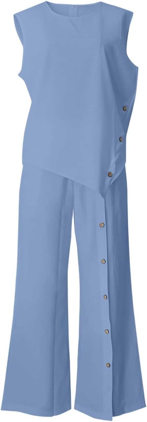 Linen Sets for Women - 2 Piece Sleeveless Side Button Cotton Linen Tank Tops and Wide Leg Pants Sets Travel Outfits