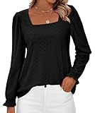 Okiwam Womens Long Sleeve Shirts Fall 2026 Square Neck Dressy Casual Blouses Eyelet Tunic Tops Fashion Outfits Clothes-M Black