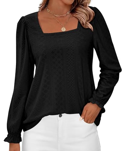Okiwam Womens Long Sleeve Shirts Fall 2026 Square Neck Dressy Casual Blouses Eyelet Tunic Tops Fashion Outfits Clothes-M Black