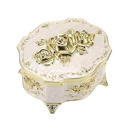 SUMTree Vintage Music Box Klein Weiss Schmuckbox Metall Keepsake Box Musical Jewelry Box Schmuckkästen Schmuckkoffer für Ring Ohrringe Damen Geschenk Geburtstag Hochzeit Weihnachten Valentinstag