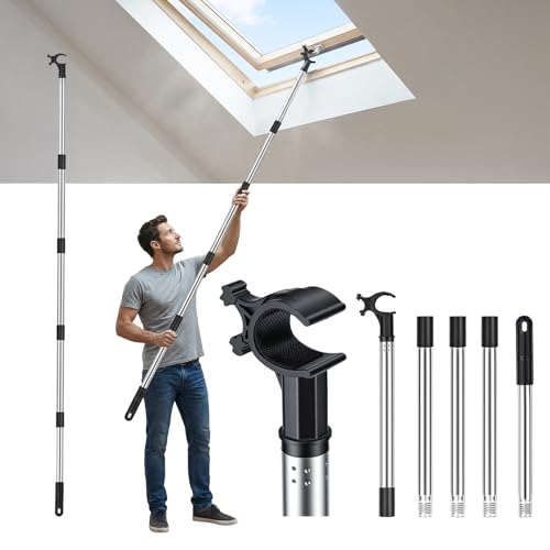 Hysagtek Window Pole Opener - 1.87m Stainless Steel Telescopic for Skylight Roof Windows and Blinds Compatible with Velux GGL & GGU Skylight Roof Windows Multi-Part Skylight Pole Opener with Hook