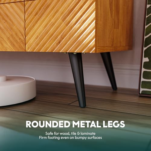 Image of Bme Rhombus Wooden TV Stand with Storage Cabinets - Solid Rubber Wood, Geometric Rhombus Pattern Doors, Scandinavian Modern Entertainment Console with Metal Base