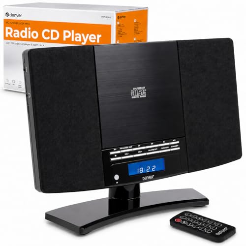 Image of Denver Radio CD Player With Speakers, Wall Mounted or Desktop Stand Small Mains Operated Alarm Clock Radio Boombox Home Audio CD Player with Remote Control - Black