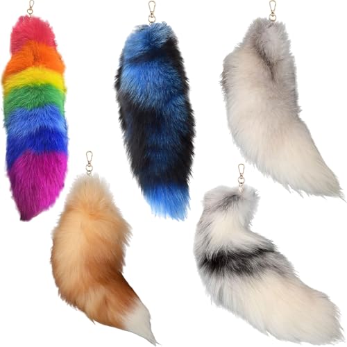 5PCS Faux Fur Fox Tail Keychain Pendant, 16IN Fluffy Charm for Bags, Cars & Cosplay Decor