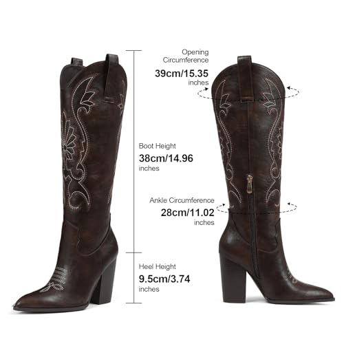Image of VOMIRA Knee High Cowboy Boots for Women Pointed Toe Chunky High Heels Pull-on Embroidered Boots Western Boots Wide Calf Cowgirl Boots