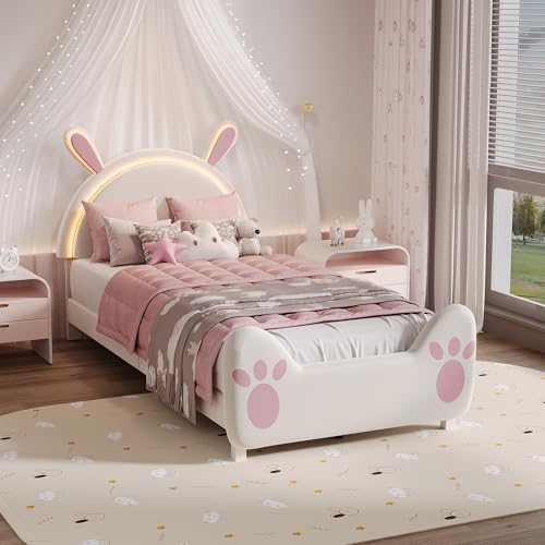 Générique Lit Simple Fille 90x200 cm avec Sommier à Lattes,Lit Enfant avec LED,Cadre de Lits avec Oreilles de Lapin,Rangement sous Lit,Blanc+Rose(Matelas Non Inclus)