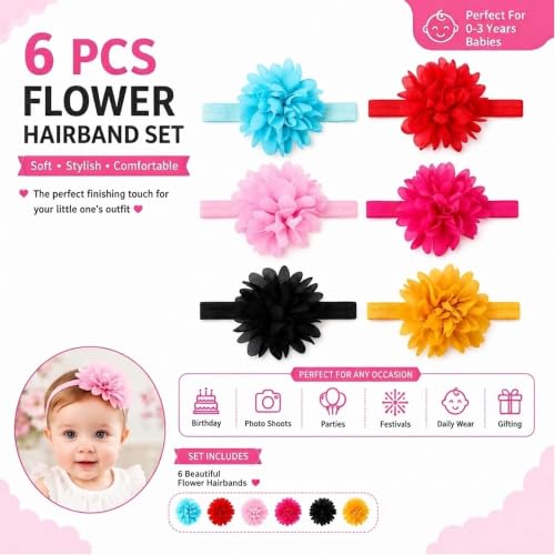 Image of Babymoon Set of 6 | Plain Flowers Soft Synthetic Hairbands for Baby Girls, Infants and Toddlers Headbands | Multi