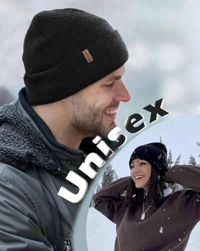 Image of FURTALK Mens Winter Fleece Lined Knit Cuffed Beanie | Double layered, fits 55-60cm head, chunky knit, for running, cycling, walking, daily use