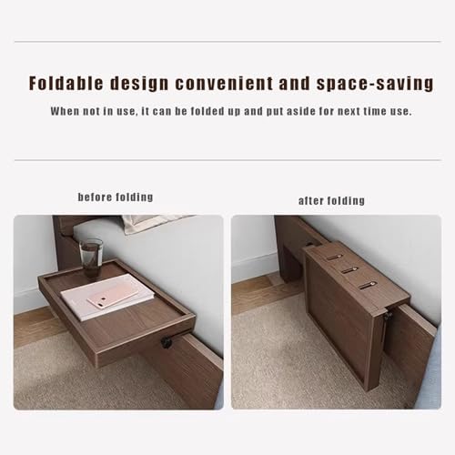 Foldable Bedside Shelf for Top Bunk - Solid Wood Nightstand for Dorm Room, Clip-On Storage, Versatile Small Coffee Table & Projector Shelf (Walnut Finish)