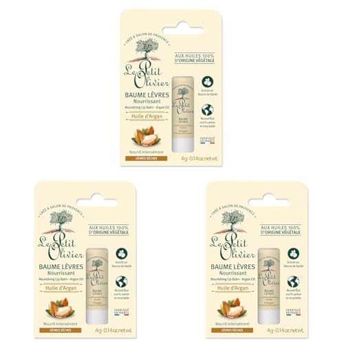 LE PETIT OLIVIER - Baume Lèvres Nourrissant - Huile d'Argan - Nourrit & Assouplit - Lèvres Sèches - Huiles 100% D'Origine Végétale - Fabriqué en France - 4 g (Lot de 3)