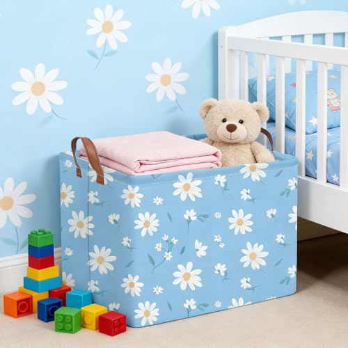 Image of Rectangular Daisy Storage Basket,Kids Laundry Hamper,Waterproof foldable kids laundry basket,Blue Baskets,Books Box,Flower room decor(Daisy)