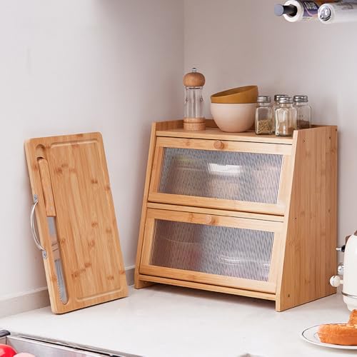 Elegant Bamboo Bread Bin with Cutting Board - Dual & Single Layer Loaf Storage for Kitchen, Food-Safe Holder with Window, Rustic Decor (Natural, 2 Tier)