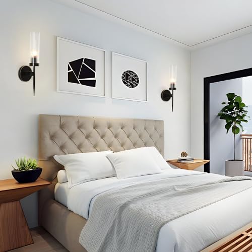 Image of BOKT Mid Century Modern Black Slim Wall Sconce Lighting Set of Two 1-Light Clear Cylinder Glass Sconces Wall Lighting Set of 2 Minimalist Single Bathroom Vanity Light Fixture