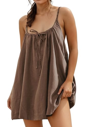 Image of YUENIU Womens Sundresses Mini Linen Beach Cover Up Tank Summer Casual Spaghetti Strap Sleeveless Dress with Pockets