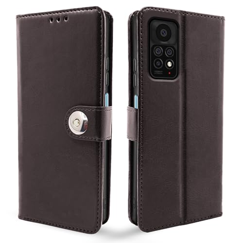Image of Pikkme Redmi Note 11 Pro /Note 11 Pro Plus 5G Flip Cover Leather Finish | Inside TPU with Card Pockets | Wallet Stand and Shock Proof | Complete Protection Button Flip Case (Coffee)