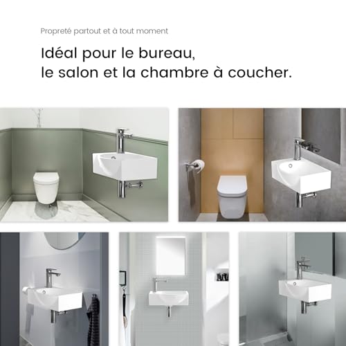 EMKE Hänge-Waschbecken 405 x 280 x 140 mm – Kompaktes und elegantes Waschbecken für kleine Badezimmer und Gäste-WC – Wasserhahn links, Wandmontage, weiß glänzend