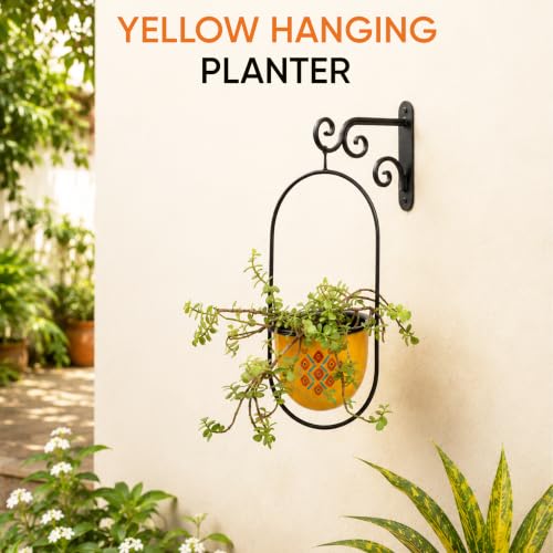 Image of AAKRITI ART CREATIONS Metal Hanging Planter | Handpainted Planter, Modern Art, Yellow Glossy Finish | Outdoor & Indoor Home Decor Items | Room Decoration Artifacts, Flower Pots for Living Room