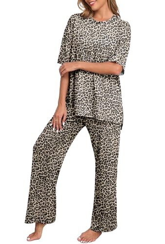 Image of PrinStory Womens Pajamas Sets 2 Piece Lounge Set Short Sleeve Tops and Long Pants Soft Pjs Loungewear with Pockets