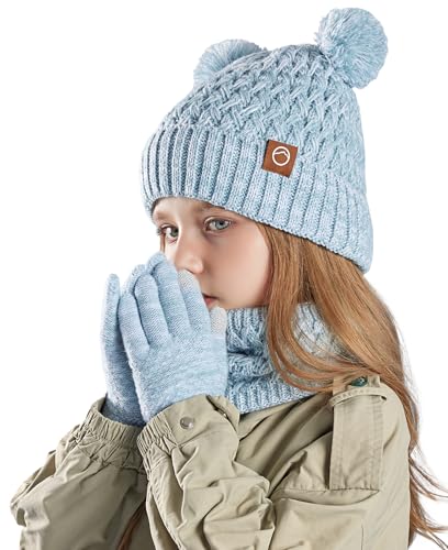 Maeau Niños Niñas Chicos Gorro Guantes y Bufanda Juego de Gorro de Invierno de Forro Polar Gorro de Invierno de Tres Piezas Gorro de Punto Cálido con Forro Polar Otoño Beanie 4-10 años/Circunferencia